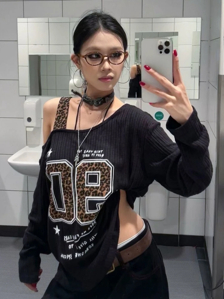 Y2K Patchwork Leopard Print T- - Shirts 评论和价格