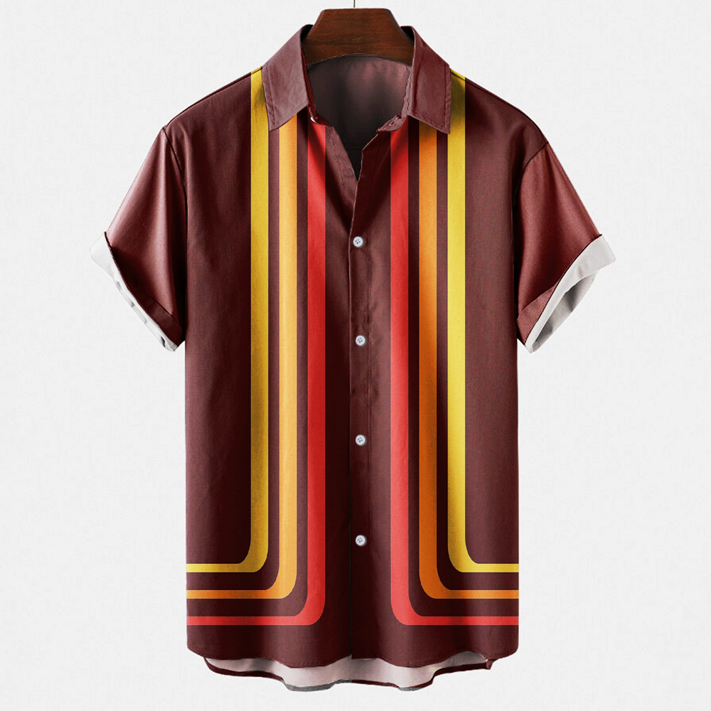 Men's Vintage Retro Striped Co - Short Sleeve Bowling Shirt Retro 评论和价格