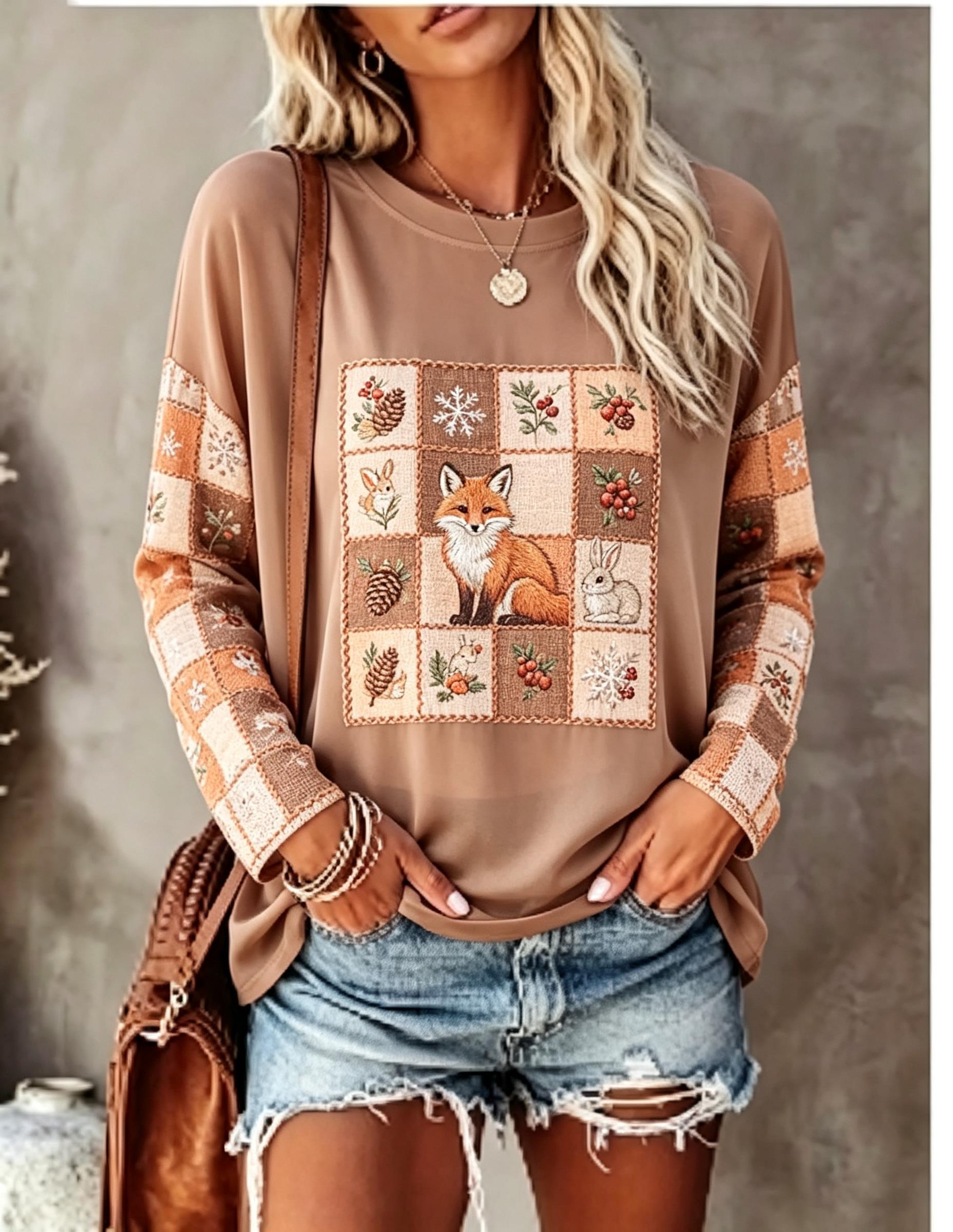 Women Long Sleeve T Shirt Fox  - T-Shirts 评论和价格