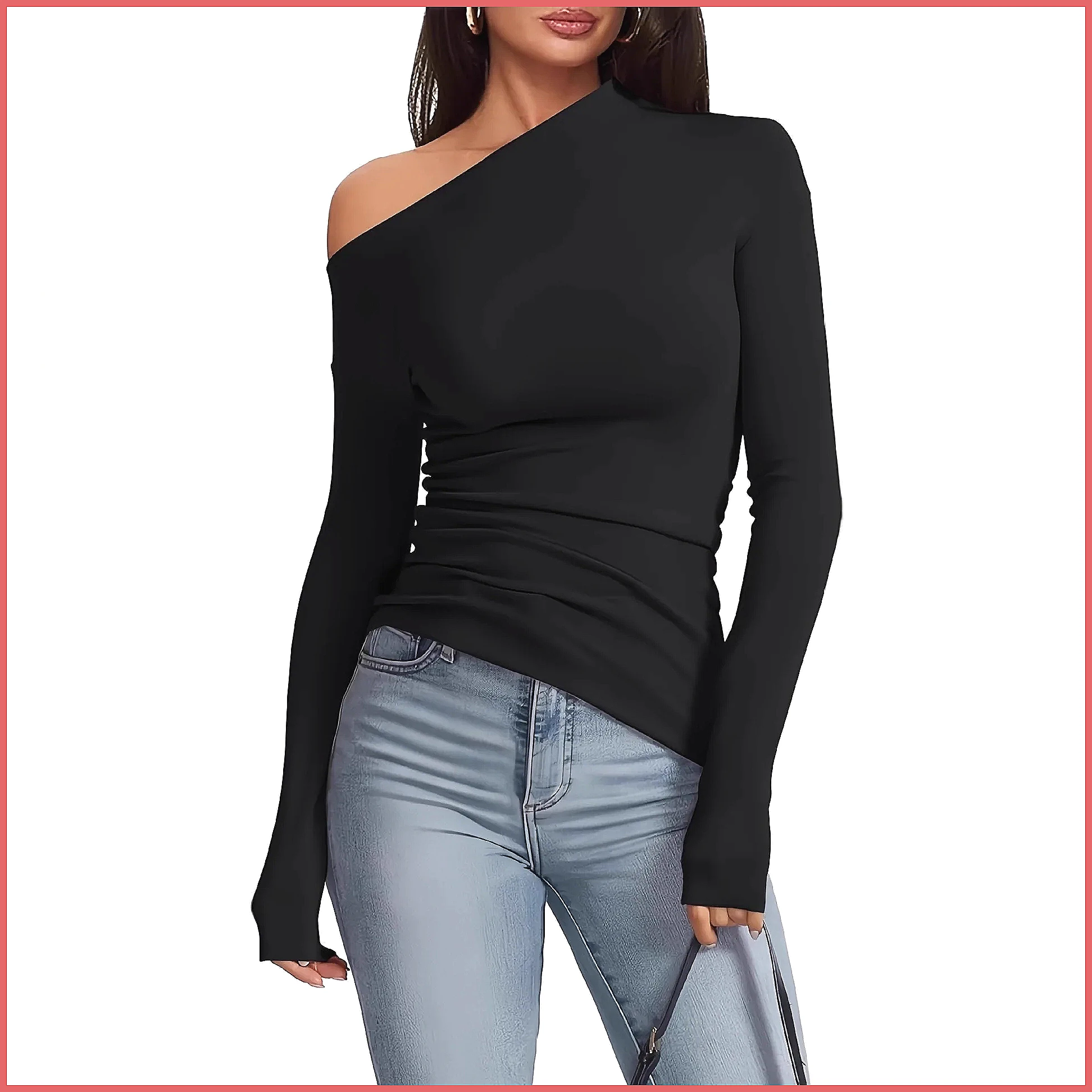 Off-Shoulder Long Sleeve T-Shi - Shirts 评论和价格