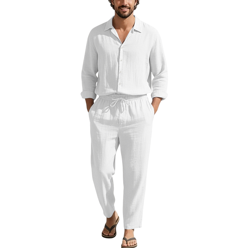 Spring Summer Linen Casual Set - Mens Linen Shirt Long Sleeve 评论和价格
