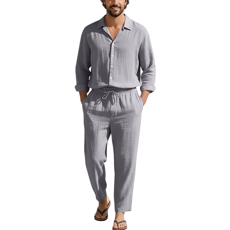 Spring Summer Linen Casual Set - Mens Linen Shirt Long Sleeve 评论和价格